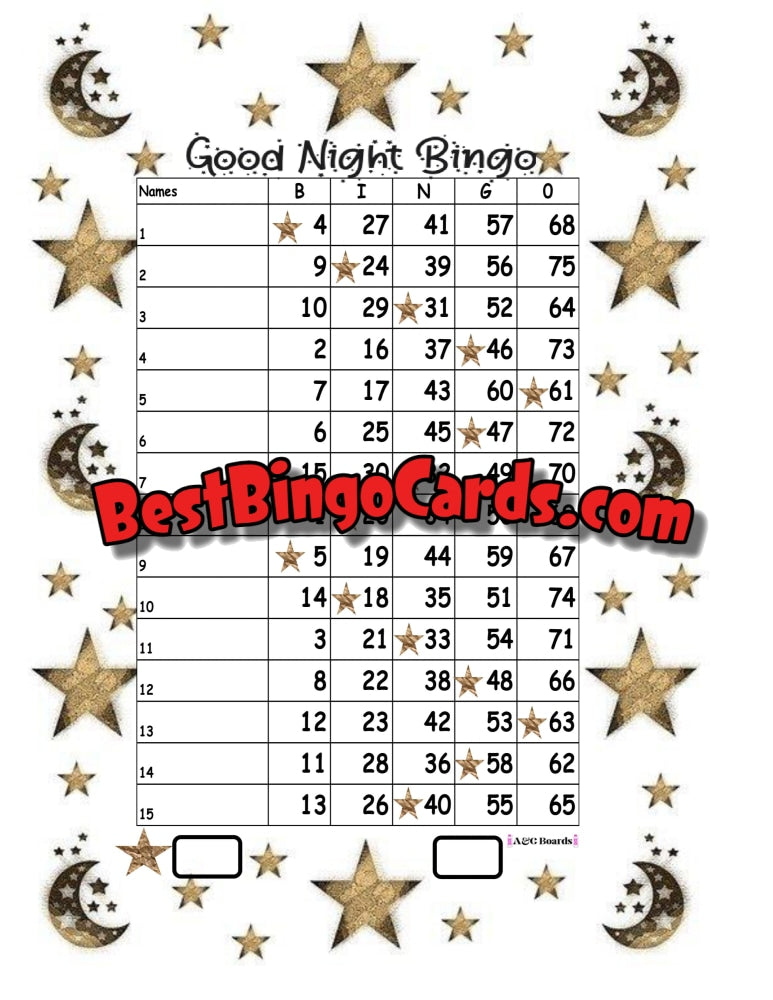 Bingo Boards 1-15 Lines - Goodnight Straight Mixed 75 Ball Sets