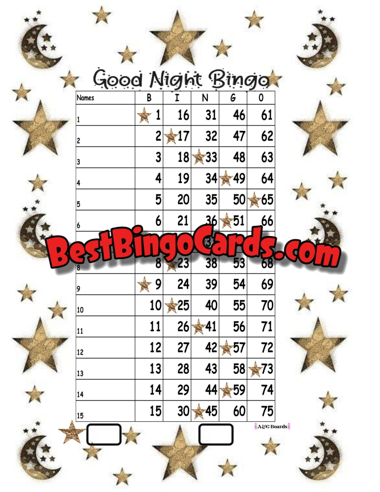 Bingo Boards 1-15 Lines - Goodnight Straight Mixed 75 Ball Sets