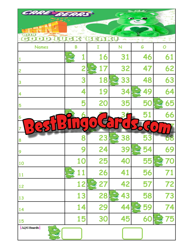 Bingo Boards 1-15 Lines - Green Bear Straight Mixed (Houdini) 75 Ball Sets