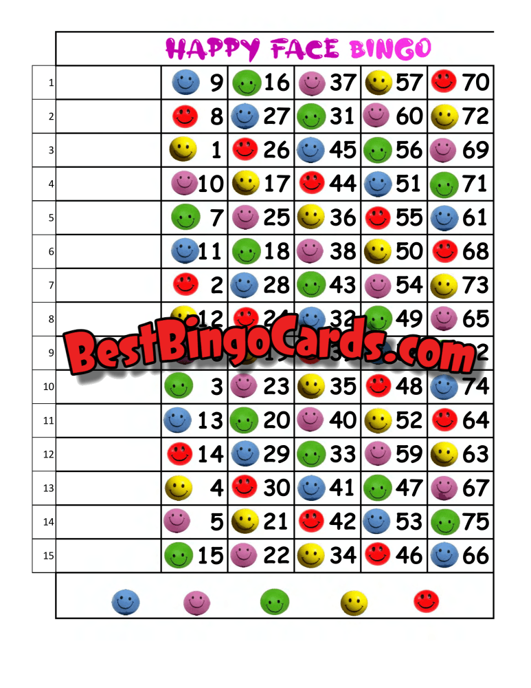 Bingo Boards 1-15 Lines - Happy Face Straight Mixed 75 Ball