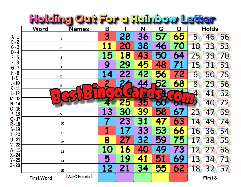 Bingo Boards 1-15 Lines - Holding Out For A Rainbow Letter 75 Ball Holds
