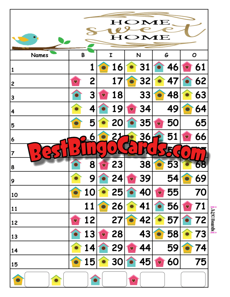 Bingo Boards 1-15 Lines - Home Sweet Straight Mixed 75 Ball (Houdini) Sets