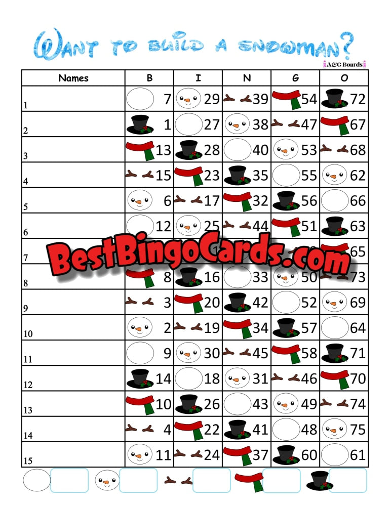 Bingo Boards 1-15 Lines - Build A Snowman Houdini Straight And Mixed 75 Ball