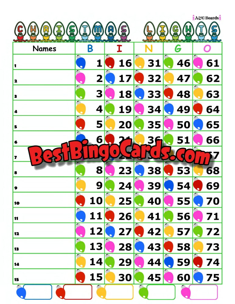 Bingo Boards 1-15 Lines Houdini - Christmas Lights Straight And Mixed 75 Ball Sets