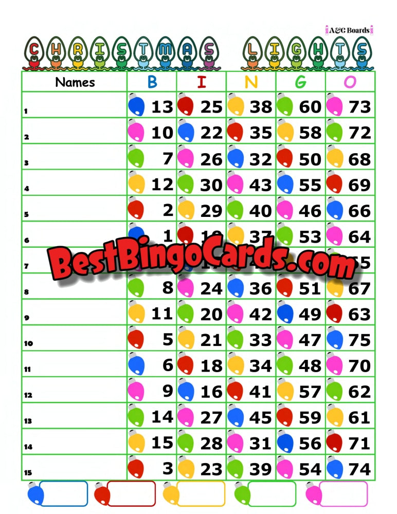 Bingo Boards 1-15 Lines Houdini - Christmas Lights Straight And Mixed 75 Ball Sets