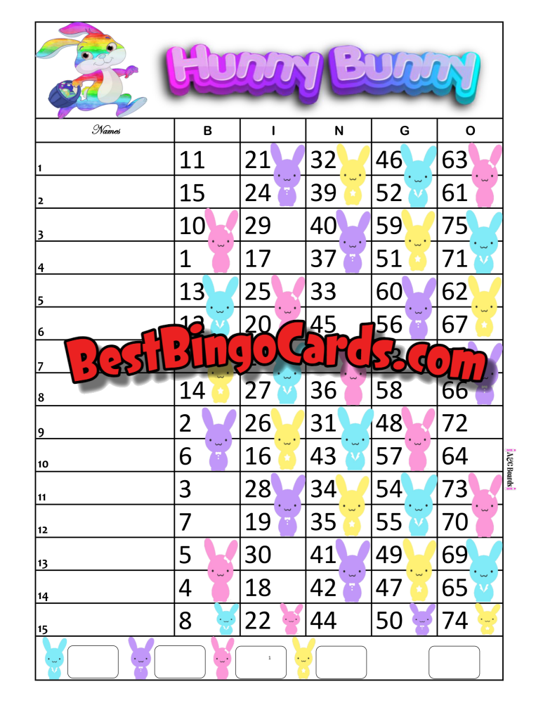 Bingo Boards 1-15 Lines - Hunny Bunny Straight Mixed 75 Ball Sets