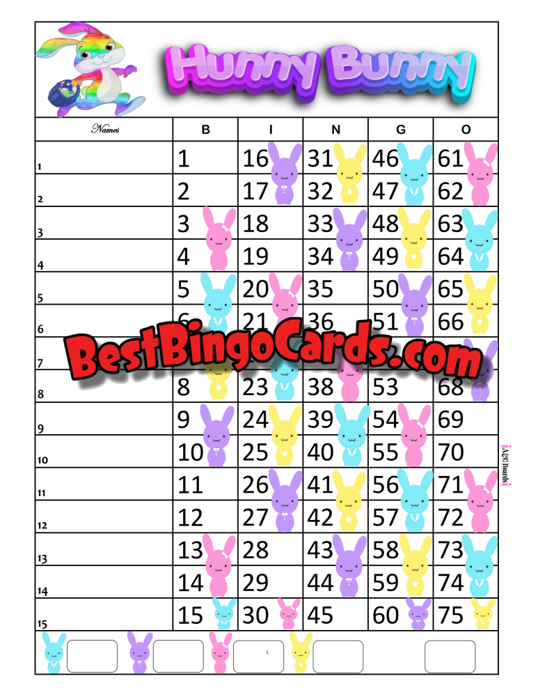 Bingo Boards 1-15 Lines - Hunny Bunny Straight Mixed 75 Ball Sets