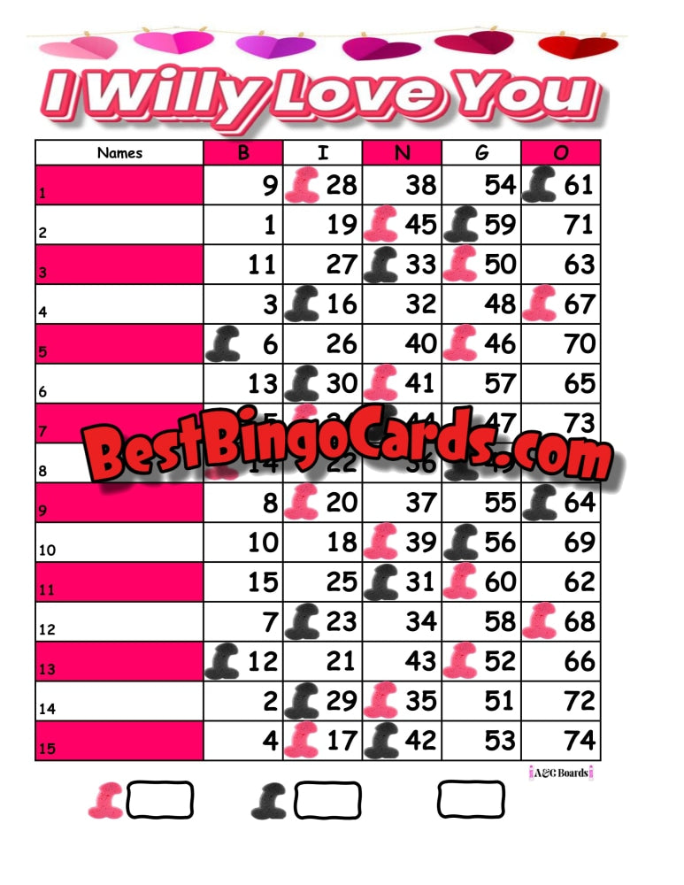 Bingo Boards 1-15 Lines - I Willy Love You Straight Mixed 75 Ball Sets