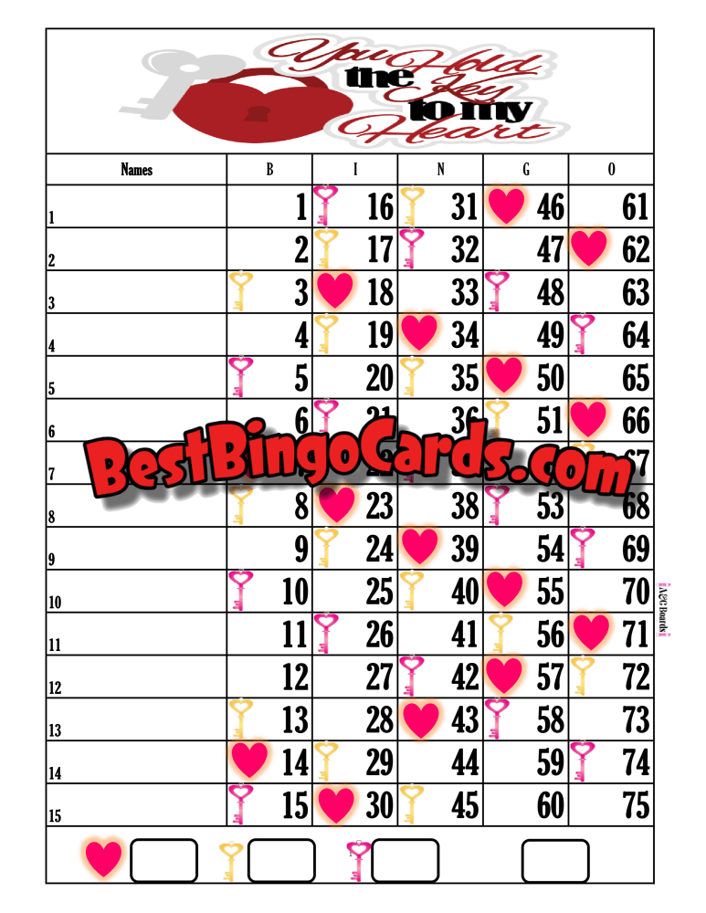 Bingo Boards 1-15 Lines - Key To My Heart Straight Mixed (Houdini) 75 Ball Sets