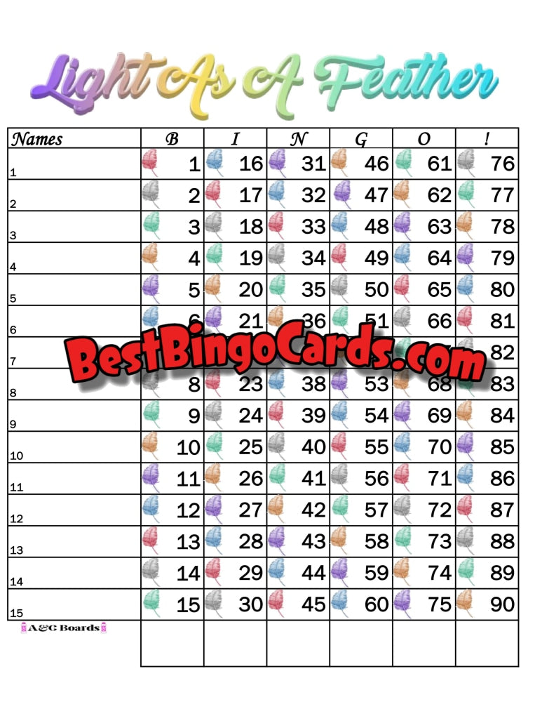 Bingo Boards 1-15 Lines - Light As A Feather Straight Mixed 90 Ball Sets