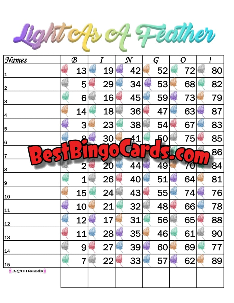 Bingo Boards 1-15 Lines - Light As A Feather Straight Mixed 90 Ball Sets