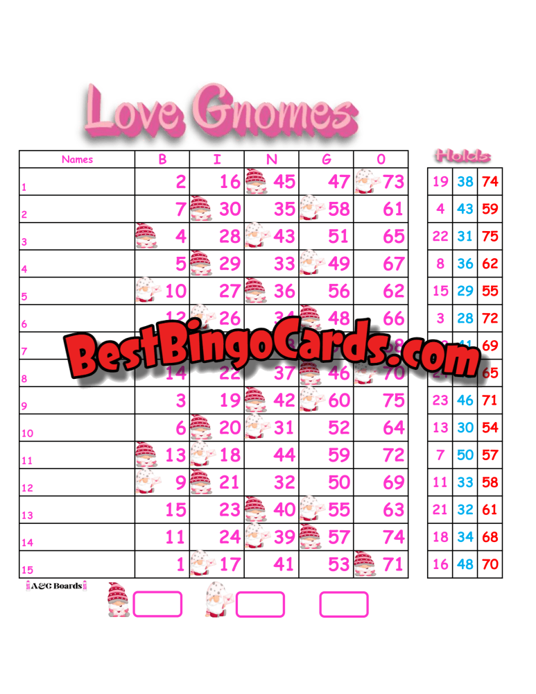 Bingo Boards 1-15 Lines - Love Gnomes Ft Holds Straight Mixed 75 Ball Sets