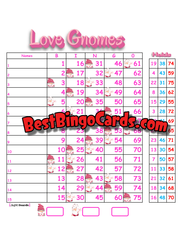 Bingo Boards 1-15 Lines - Love Gnomes Ft Holds Straight Mixed 75 Ball Sets