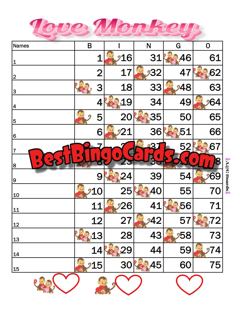 Bingo Boards 1-15 Lines - Love Monkey Straight Mixed 75 Ball Sets