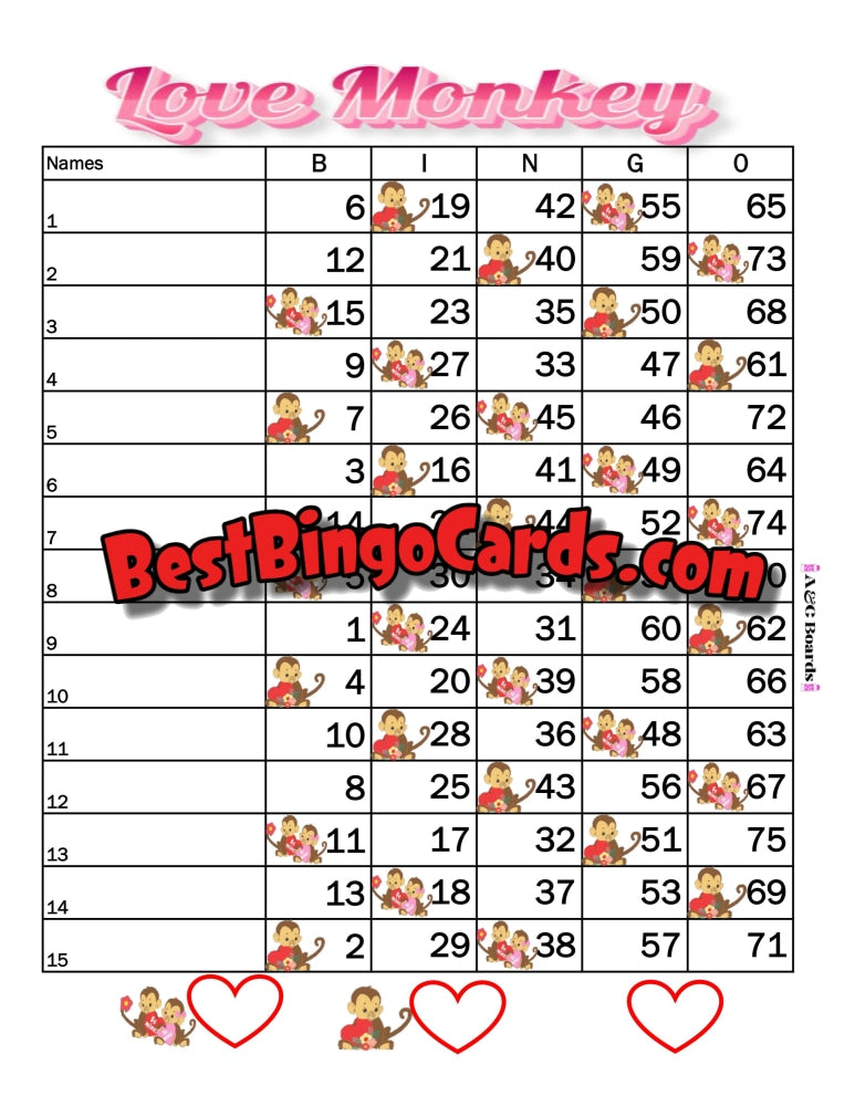 Bingo Boards 1-15 Lines - Love Monkey Straight Mixed 75 Ball Sets
