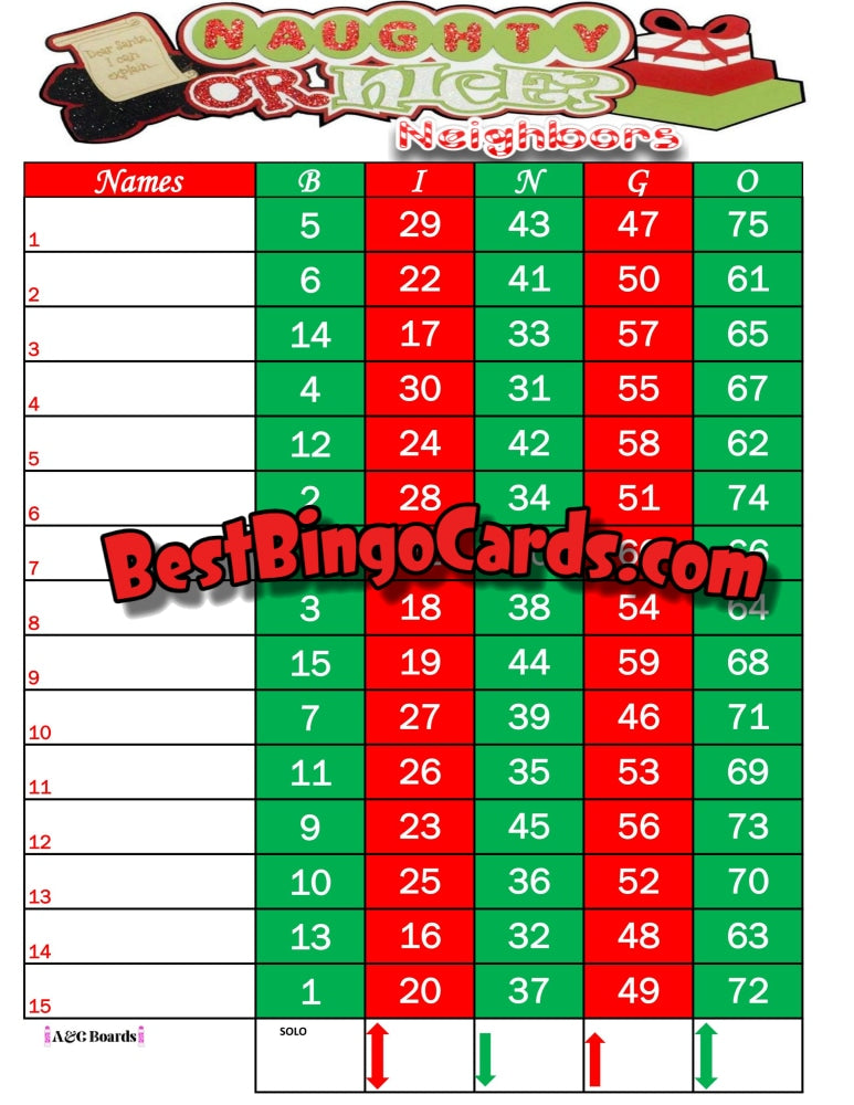 Bingo Boards 1-15 Lines - Naughty Or Nice Neighbors Straight Mixed 75 Ball Sets