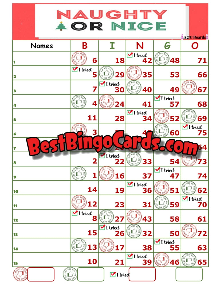 Bingo Boards 1-15 Lines - Naughty Or Nice Straight Mixed 75 Ball Sets