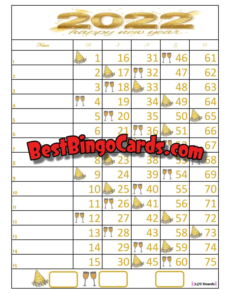 Bingo Boards 1-15 Lines - Nye 2022 Straight Mixed 75 Ball Sets