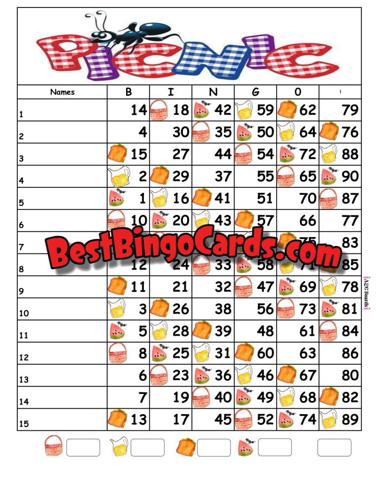 Bingo Boards 1-15 Lines - Picnic Straight Mixed 90 Ball Sets