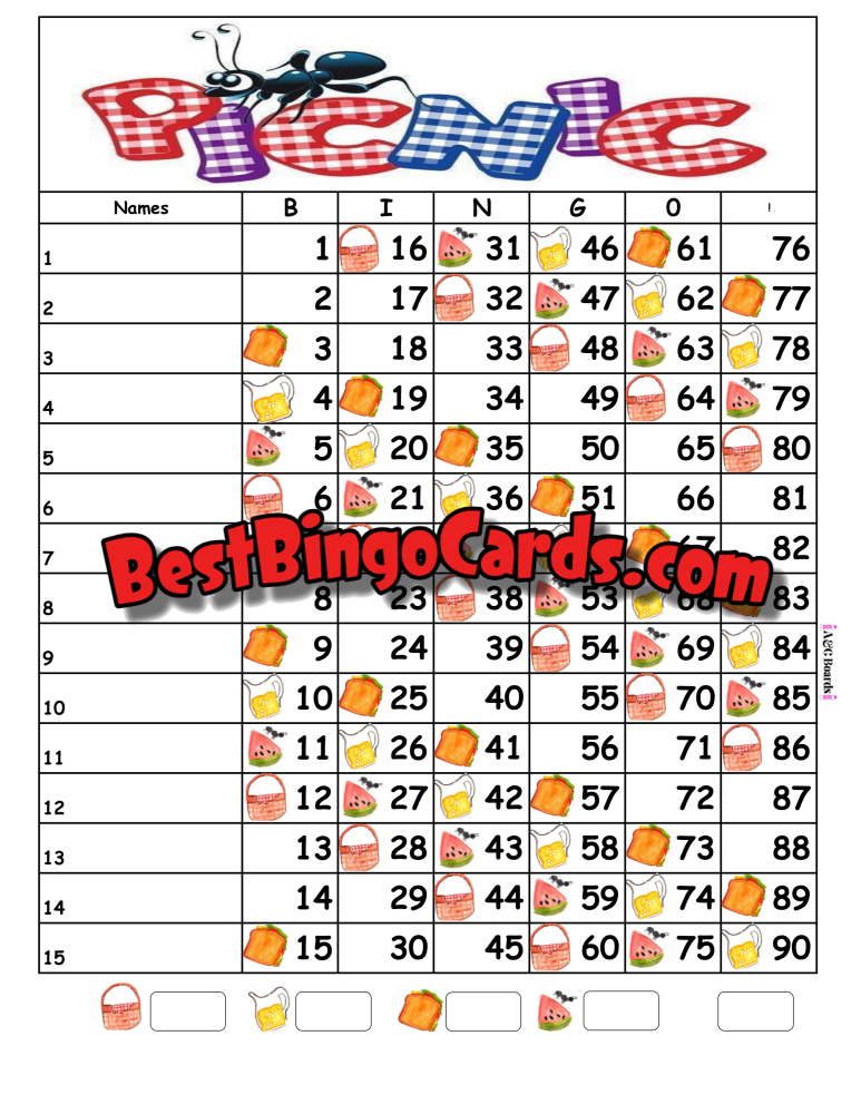 Bingo Boards 1-15 Lines - Picnic Straight Mixed 90 Ball Sets
