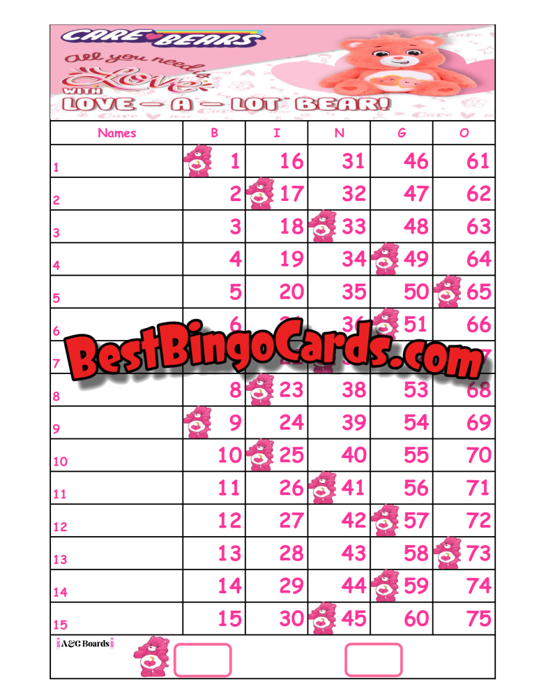 Bingo Boards 1-15 Lines - Pink Bear Straight Mixed (Houdini) 75 Ball Sets