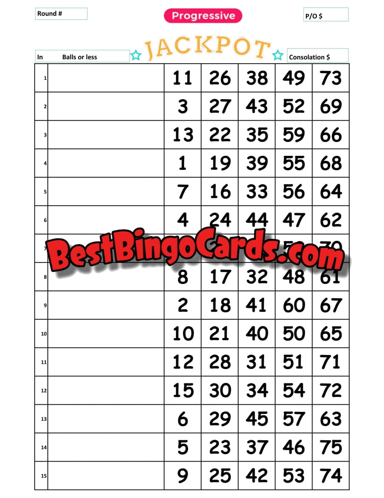 Bingo Boards 1-15 Lines - Progressive Jackpot 10 Pack Mixed 75 Ball Bingo Sets
