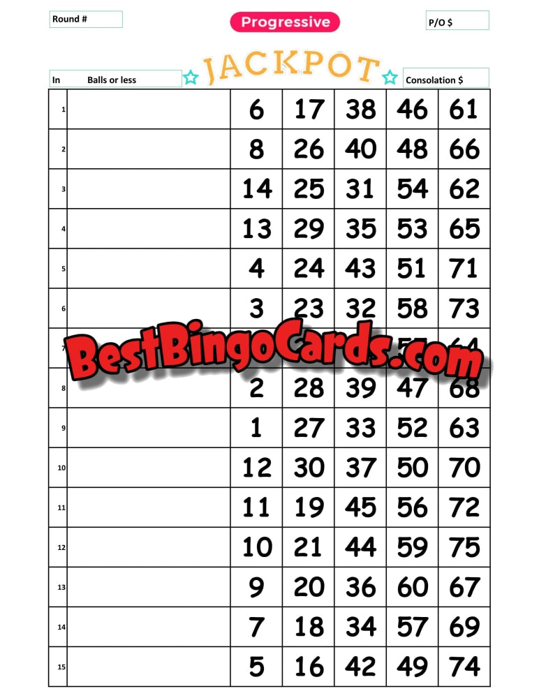 Bingo Boards 1-15 Lines - Progressive Jackpot 10 Pack Mixed 75 Ball Bingo Sets