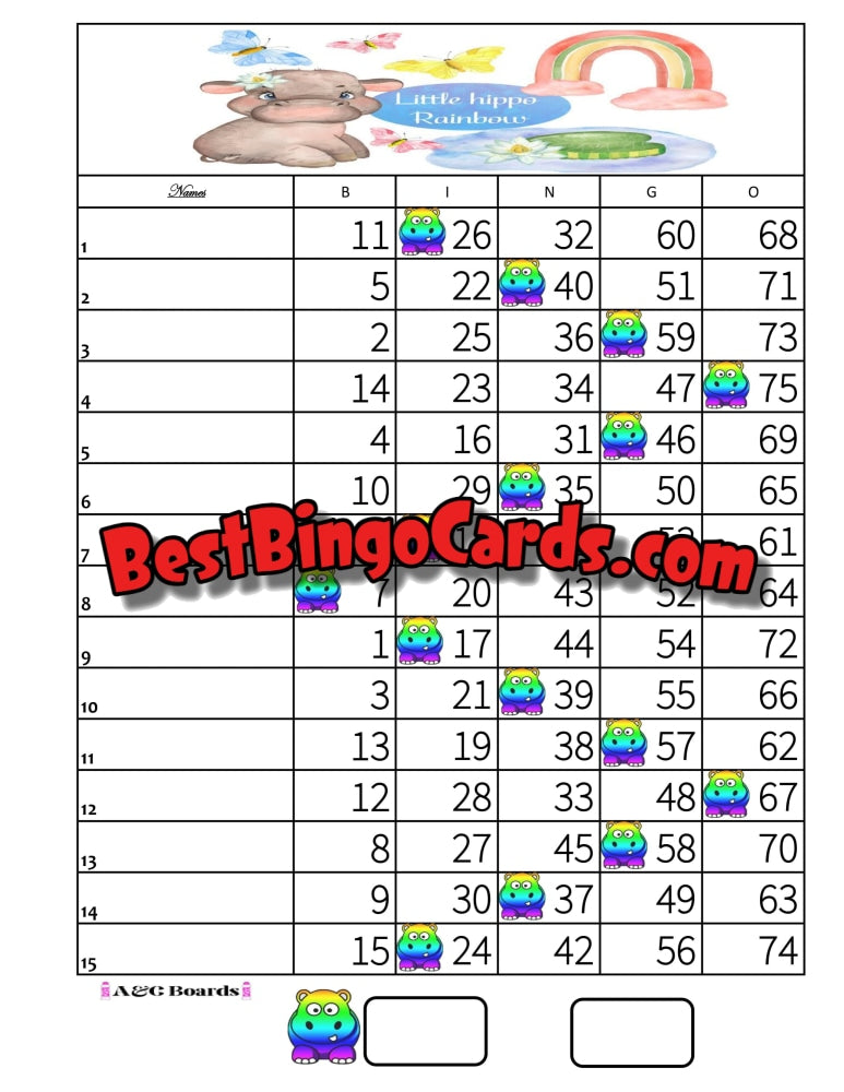 Bingo Boards 1-15 Lines - Rainbow Hippo Straight Mixed 75 Ball Sets