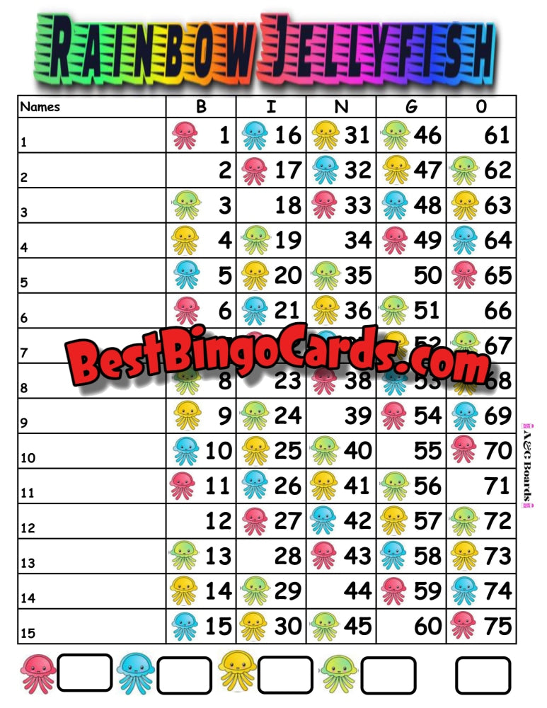 Bingo Boards 1-15 Lines - Rainbow Jellyfish Straight Mixed 75 Ball Sets