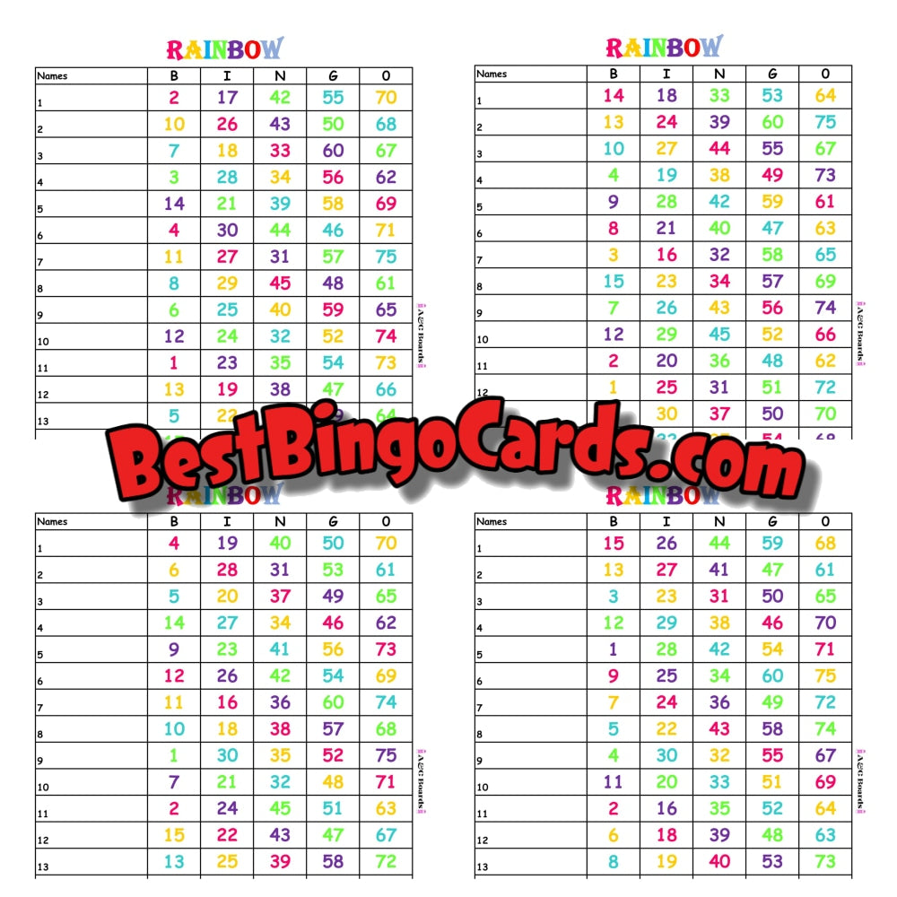 Bingo Boards 1-15 Lines - Rainbow Numbers 10 Pack Mixed 75 Ball Sets
