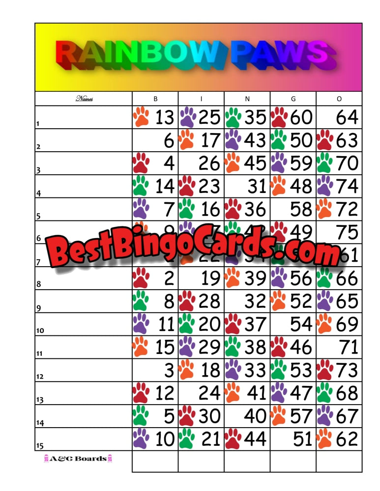 Bingo Boards 1-15 Lines - Rainbow Paws Straight Mixed 75 Ball Sets