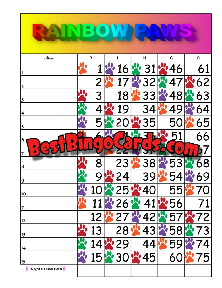 Bingo Boards 1-15 Lines - Rainbow Paws Straight Mixed 75 Ball Sets
