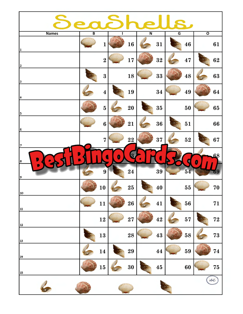 Bingo Boards 1-15 Lines - Seashells Straight Mixed 75 Ball Sets