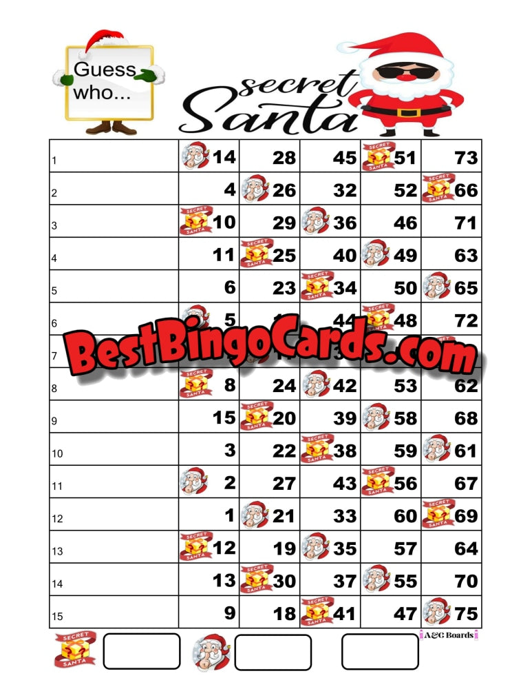 Bingo Boards 1-15 Lines - Secret Santa Straight And Mixed 75 Ball