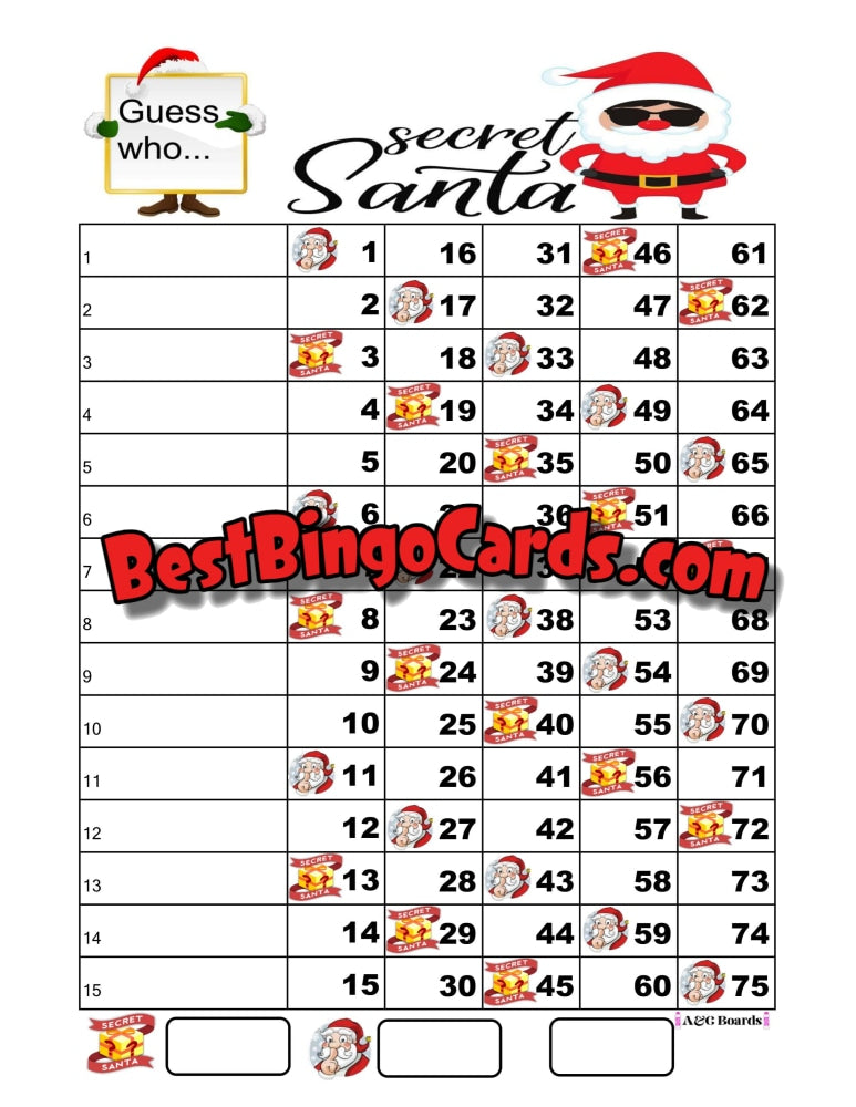 Bingo Boards 1-15 Lines - Secret Santa Straight And Mixed 75 Ball