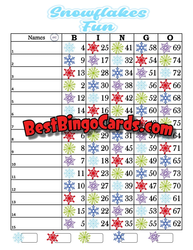 Bingo Boards 1-15 Lines - Snowflakes Fun Houdini Straight And Mixed 75 Ball