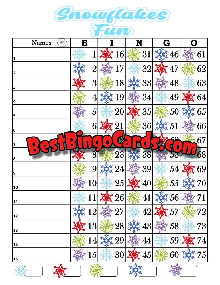 Bingo Boards 1-15 Lines - Snowflakes Fun Houdini Straight And Mixed 75 Ball