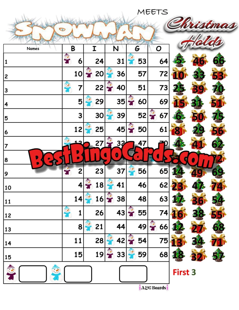 Bingo Boards 1-15 Lines Meets Holds - Snowman Christmas Straight And Mixed 75 Ball