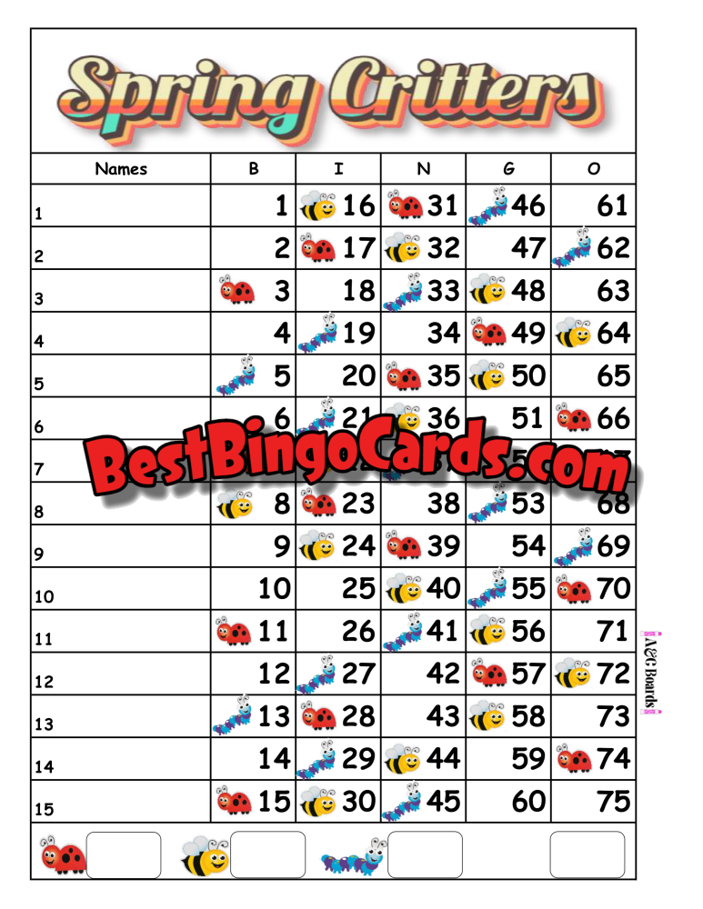 Bingo Boards 1-15 Lines - Spring Critters Straight Mixed 75 Ball (Houdini) Sets