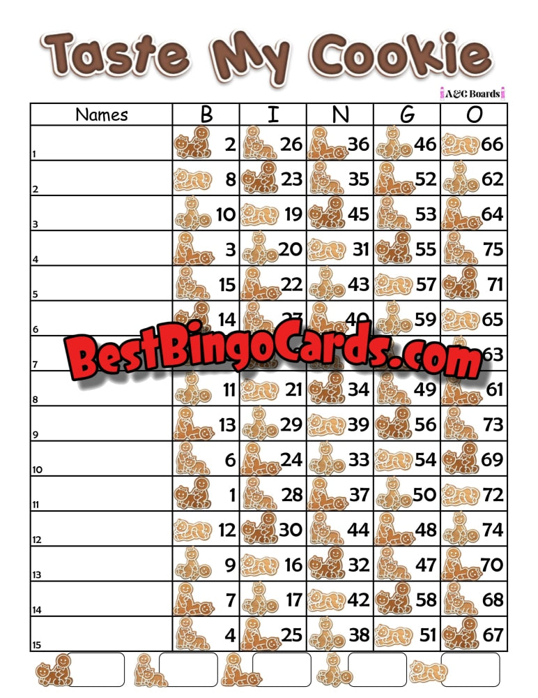 Bingo Boards 1-15 Lines - Taste My Cookie Straight And Mixed 75 Ball Sets