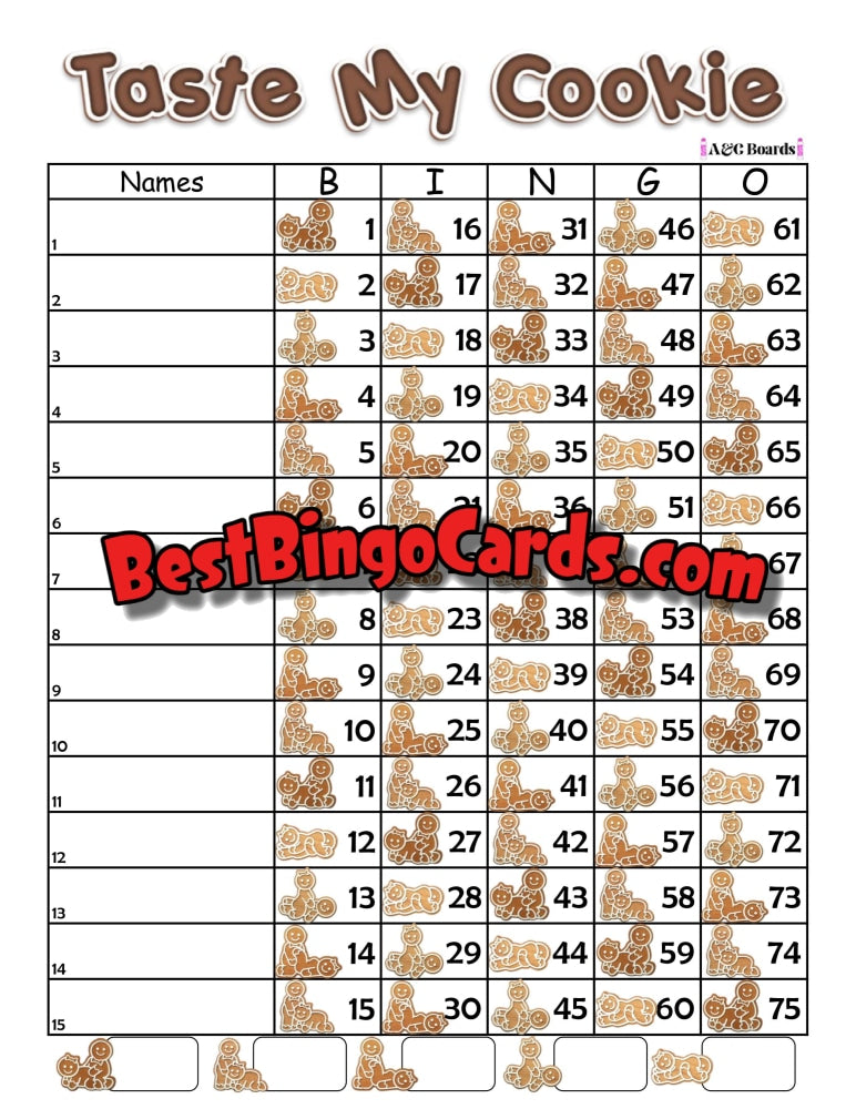 Bingo Boards 1-15 Lines - Taste My Cookie Straight And Mixed 75 Ball Sets