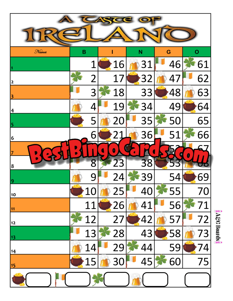 Bingo Boards 1-15 Lines - Taste Of Ireland Straight Mixed 75 Ball Sets