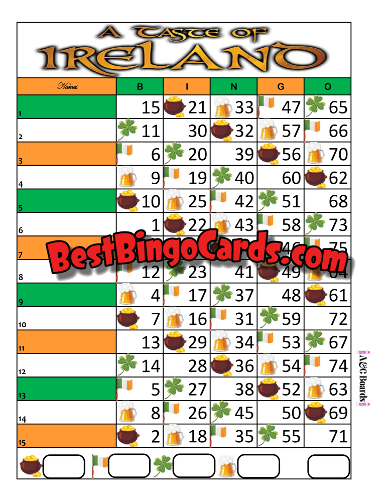 Bingo Boards 1-15 Lines - Taste Of Ireland Straight Mixed 75 Ball Sets