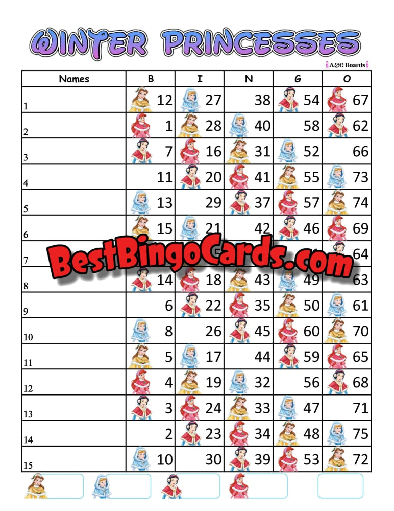 Bingo Boards 1-15 Lines - Winter Princess Houdini Straight And Mixed 75 Ball