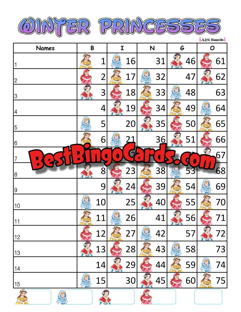 Bingo Boards 1-15 Lines - Winter Princess Houdini Straight And Mixed 75 Ball