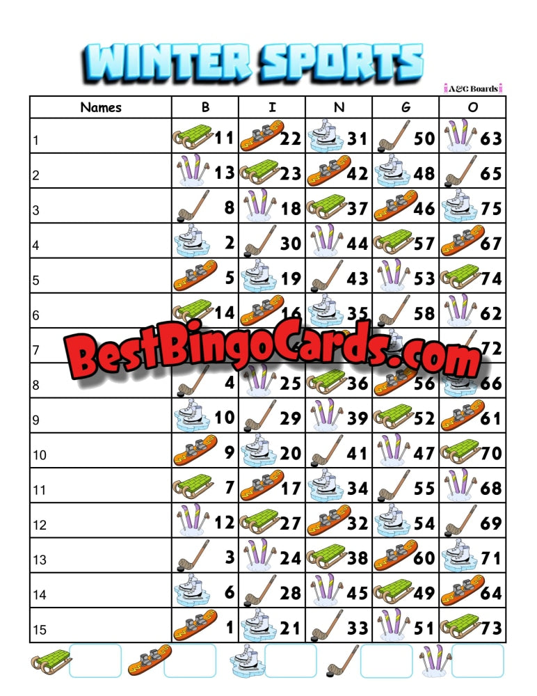 Bingo Boards 1-15 Lines - Winter Sports Houdini Straight And Mixed 75 Ball