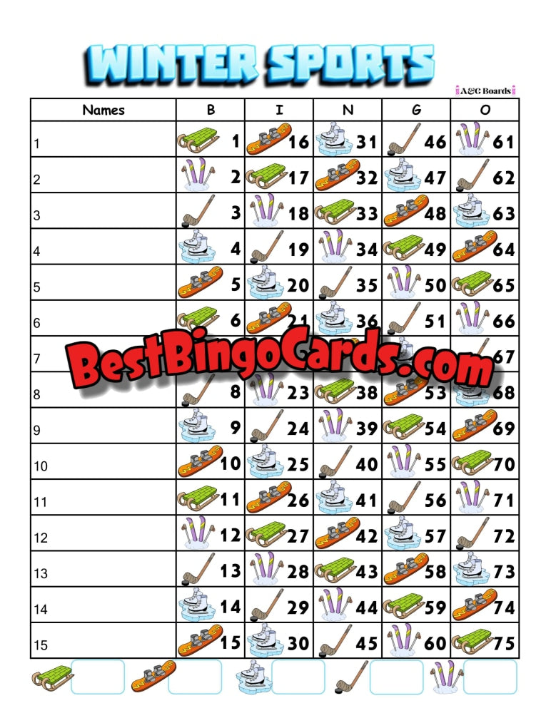 Bingo Boards 1-15 Lines - Winter Sports Houdini Straight And Mixed 75 Ball