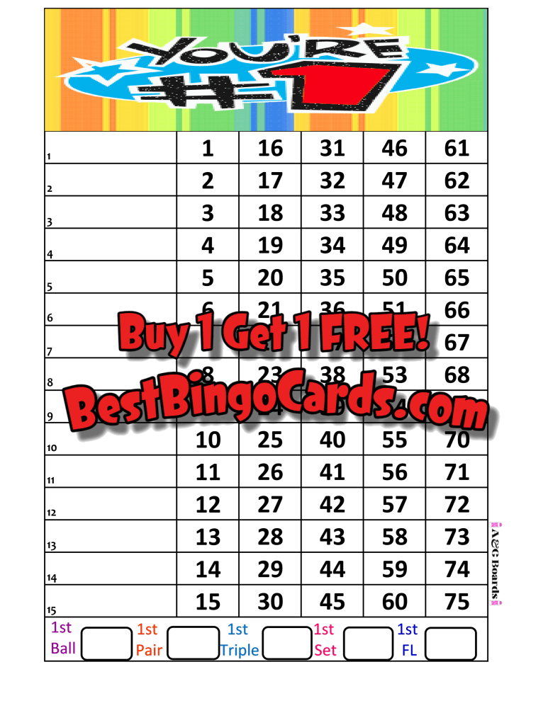 Bingo Boards 1-15 Lines - Youre Number One Straight Mixed 75 Ball Sets