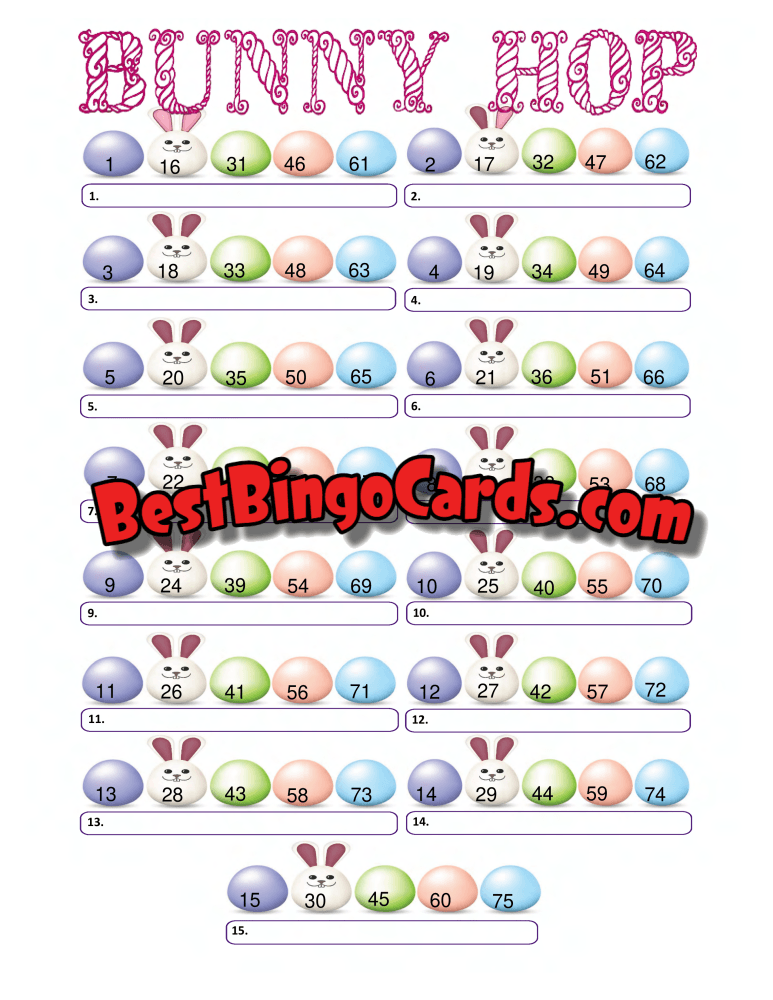 Bingo Boards 1-15 Player Picture - Bunny Hop Straight Mixed 75 Ball Sets