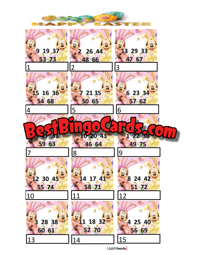 Bingo Boards 1-15 Player Picture - Happy Easter Straight Mixed 75 Ball Sets